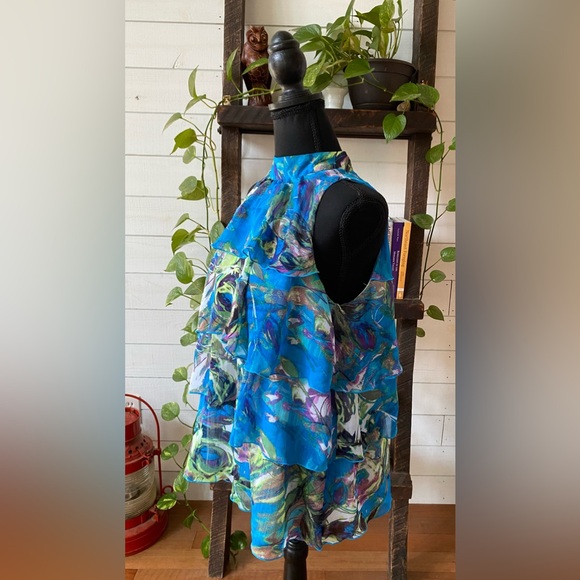 NY Collection: Blue Tiered Ruffle Top with Mock Collar - Picture 6 of 16